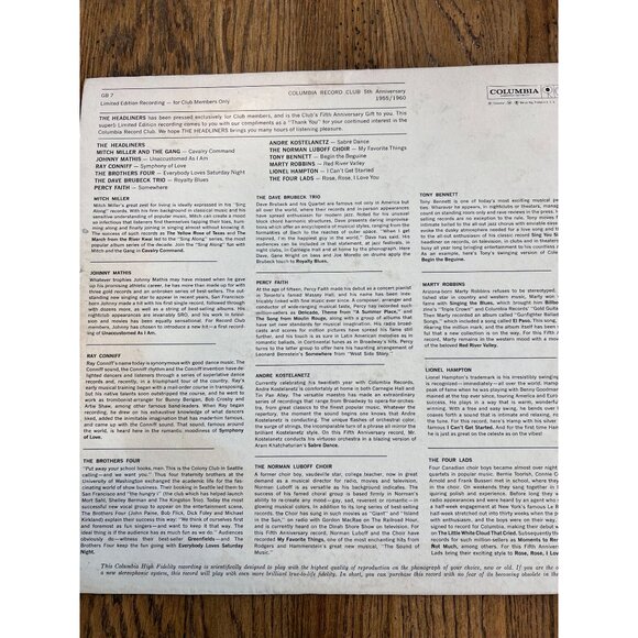 The Headliners Vinyl Record By Columbia Record Club Limited Edition LP 1955-1960 - Picture 2 of 4